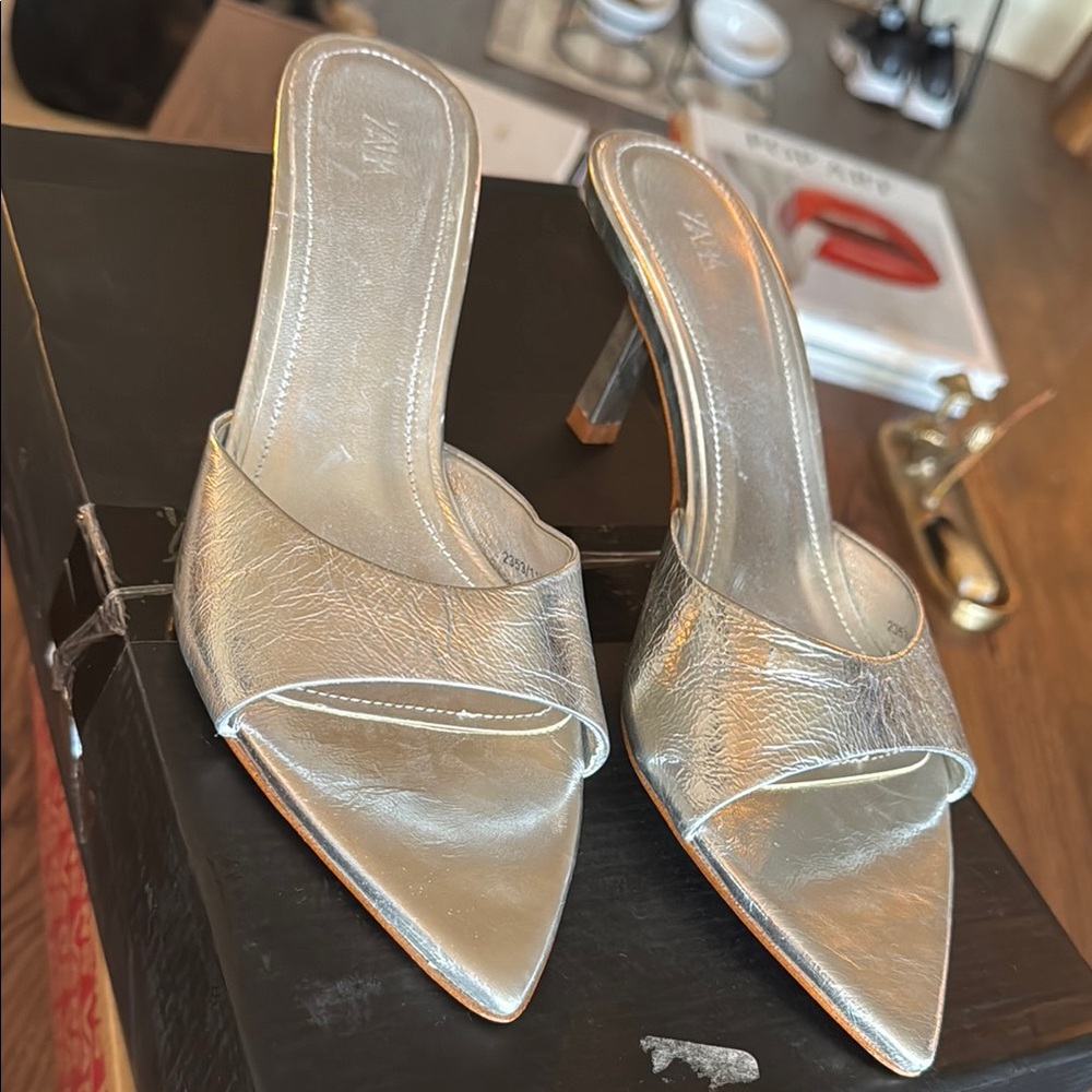 Zara silver open toe heels